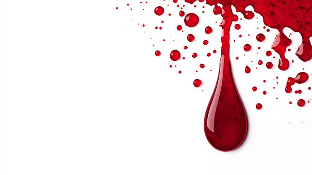 A single, large, red drop of liquid falls against a white background, with smaller droplets scattered around.