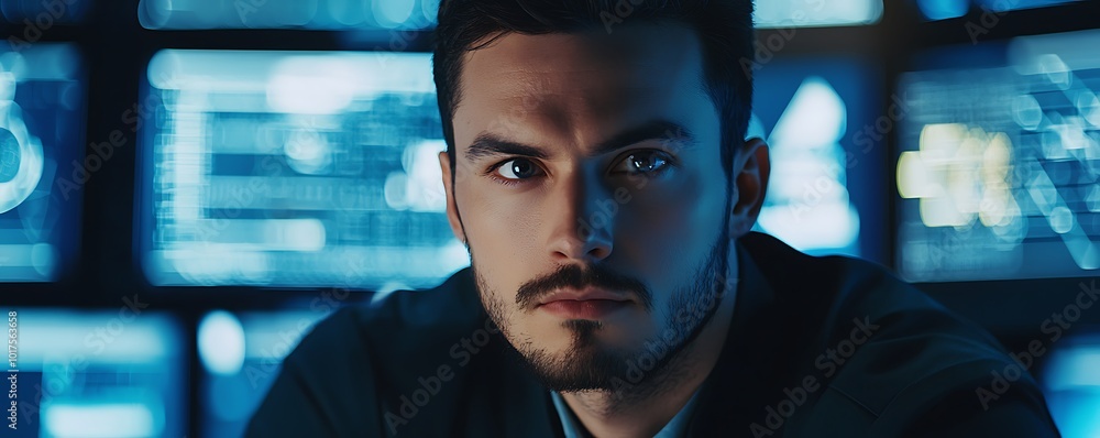 Poster cybersecurity analyst in operations center watching network traffic.