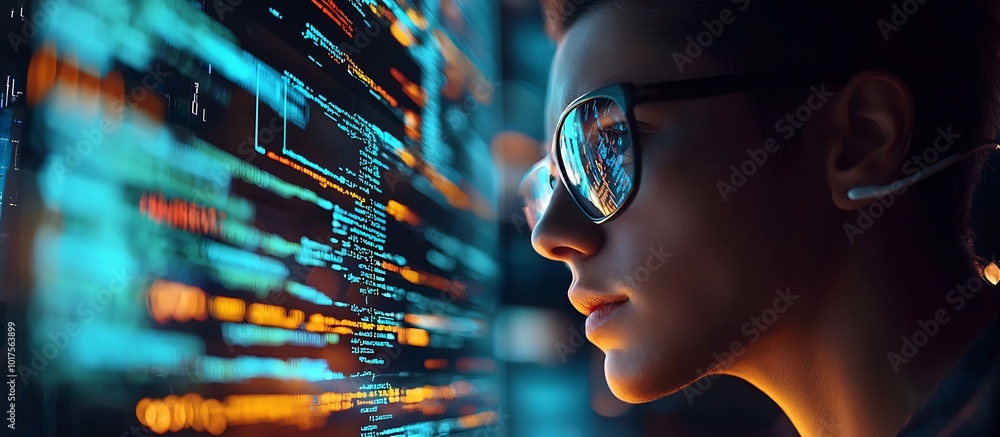 Poster software developer works on innovative technology, surrounded by digital screens.