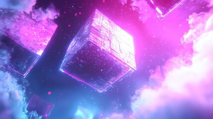 Futuristic Neon Cityscape with Holographic Cubes and Clouds