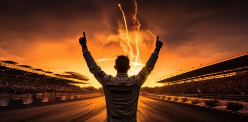 Victorious Racer Celebrating at Sunset on Track with Fireworks in Orange Sky Backdrop