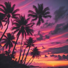 Obraz premium A tropical sunset sky with orange and pink hues reflecting off the ocean, with palm trees silhouetted in the foreground swaying gently in the breeze 