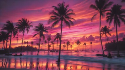 A tropical sunset sky with orange and pink hues reflecting off the ocean, with palm trees silhouetted in the foreground swaying gently in the breeze
