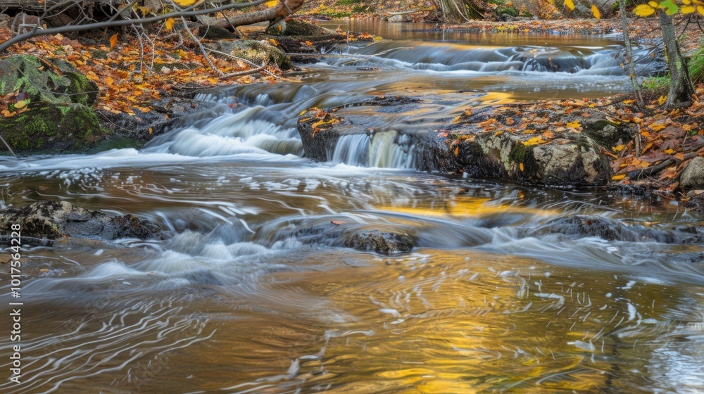 Poster Autumn Stream Flow with Leaves and Gentle Ripples