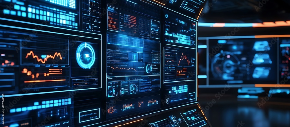Poster real-time alerts and network protection status featured on a cybersecurity dashboard in a tech contr