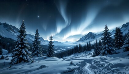 Snowy winter mountains and northern lights background