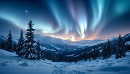 Snowy winter mountains and northern lights background