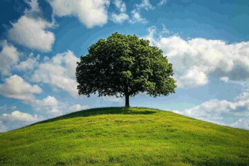 Obraz premium A large tree on a grassy hill.