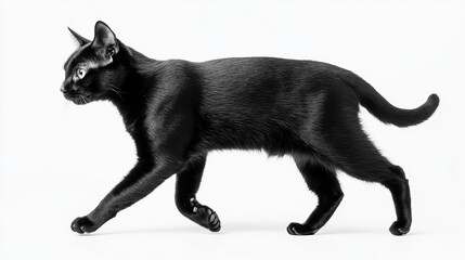 Side view of a black cat walking isolated on white