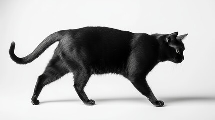 Side view of a black cat walking isolated on white