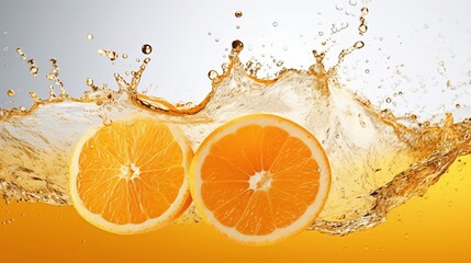 Cut oranges in half and toss them into orange juice. water splashingอ