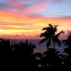 Obraz premium A tropical sunset sky with orange and pink hues reflecting off the ocean, with palm trees silhouetted in the foreground swaying gently in the breeze 