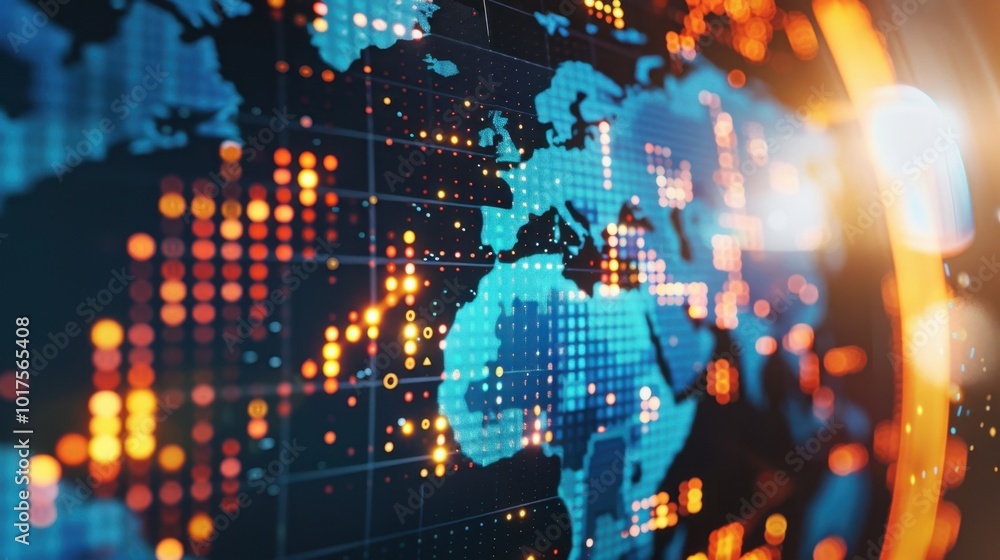 Poster global network visualization with bright dots and lines