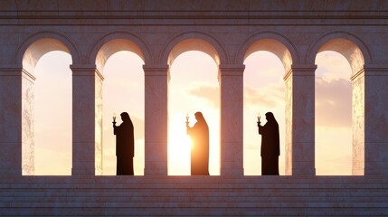 Silhouette of Three Figures Holding Lamps in Arches at Sunset   Biblical Parable Illustrat
