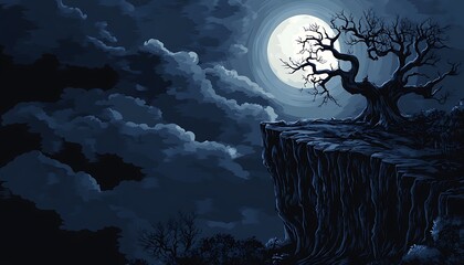 Fototapeta premium Silhouetted Tree on a Clifftop Under a Full Moon