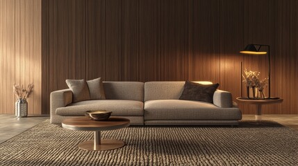 Modern living room in house with contemporary interior design comfortable sofa carpet on floor lamplight lamp decor on table and wooden panel on copy space background