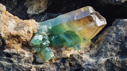 A mineral sample of fluorapatite crystal embedded in granite