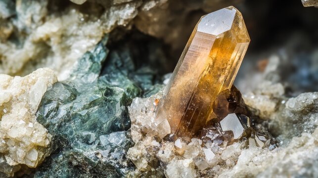 A mineral sample of fluorapatite crystal embedded in granite