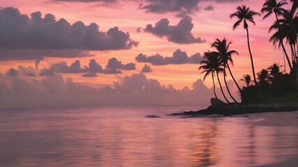 Obraz premium A tropical sunset sky with orange and pink hues reflecting off the ocean, with palm trees silhouetted in the foreground swaying gently in the breeze 