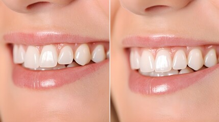 Before and after braces smile comparison, detailed close-up, one side showing uneven teeth, the other straight after 18 months, Soft Lighting, Photorealistic