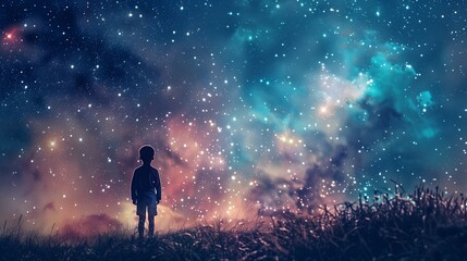 Obraz premium Illustration of a kid under a universe starry sky.