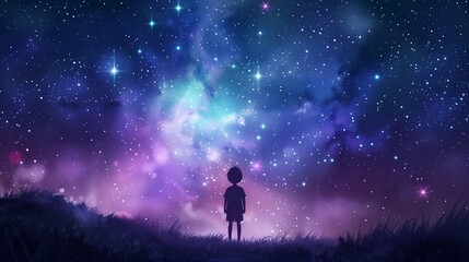 Fototapeta premium Illustration of a kid under a universe starry sky.