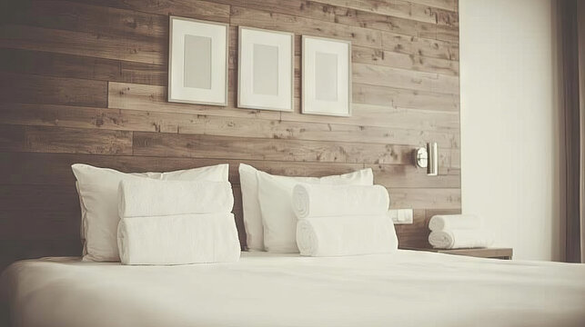 Crisp white towels are folded and placed on a plush bed in a modern hotel room with a wooden wall backdrop.