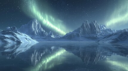 Fototapeta premium A mystical frozen lake, perfectly still, reflecting a ring of jagged snowy peaks under a twilight sky filled with stars and northern lights