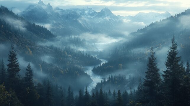 A mystical scene of a ring of pine trees on a foggy mountainside, framing a dreamlike valley with softly glowing rivers and distant mountains.