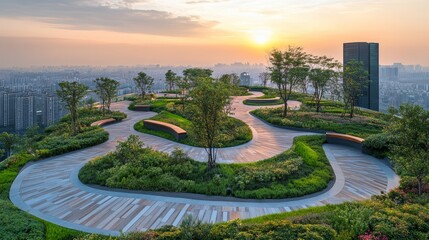 A neatly designed rooftop garden atop a contemporary skyscraper, circular pathways lined with trees and stylish benches, city view in the background