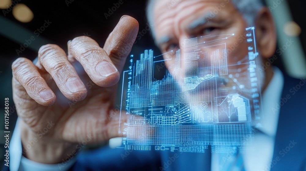 Poster senior businessman analyzing data on futuristic interface
