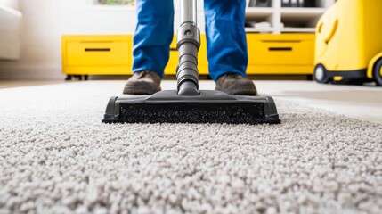 Carpet cleaning company worker vacuuming the carpet