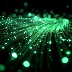 Computer-generated abstract background featuring green-glowing interconnected fiber optic cables in 3D rendering, generative ai