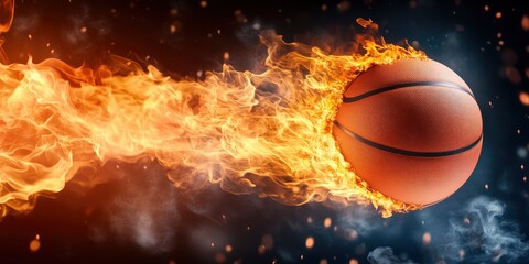 basketball burning on fire in orange flames on dark background