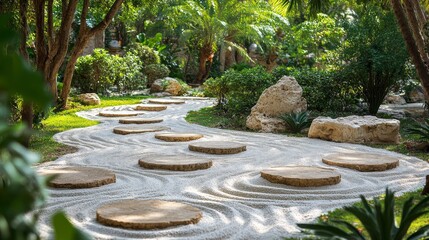 A peaceful circular zen garden, soft white sand raked into perfect spirals, a stone pathway guiding to a serene central meditation area