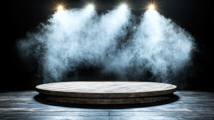 Wooden Stage With Spotlights and Smoke for Presentation  Product Display  or Concert Backg