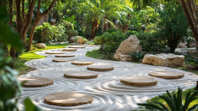 A peaceful circular zen garden, soft white sand raked into perfect spirals, a stone pathway guiding to a serene central meditation area