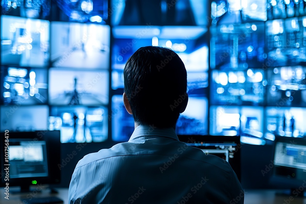 Poster alert security operator in a control room, overseeing multiple surveillance feeds.