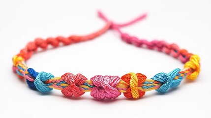 Multicolored woven diy friendship bracelets pigtail handmade of embroidery bright thread with knots isolated on white background