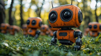A group of small, orange robots standing on grass in a forest setting.