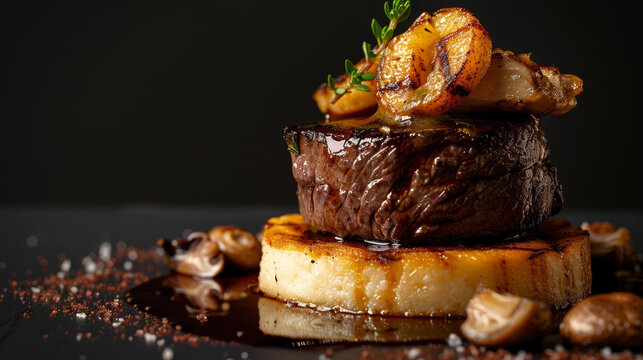 Elegant Porcini Tournedos Rossini: Filet Mignon, Foie Gras, Porcini Sauce, and Creamy Polenta