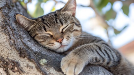 Fototapeta premium Cat in a tree lookinng and sleeping cute cat looking after birds to hunt playful cat want to play