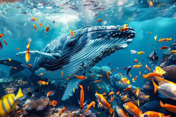Whale is swimming in a sea full of fish
