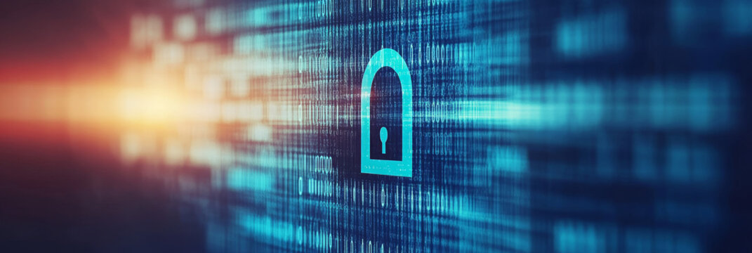 A digital lock icon on a screen with binary code representing secure data.