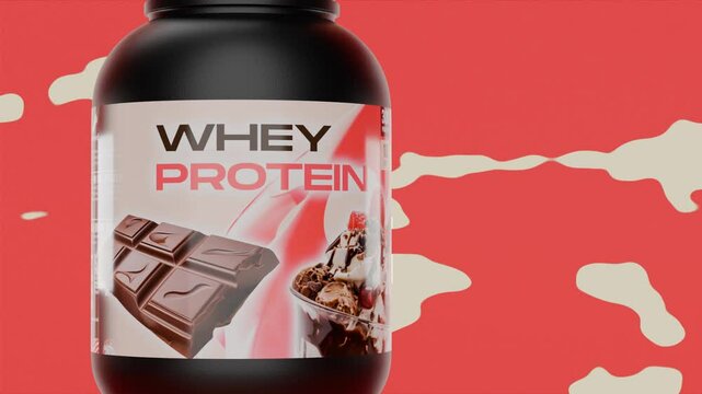 whey protein supplement tub container rotating against red background