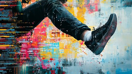 Contemporary art collage abstract art with male leg kicking code image overcoming difficulties developing secure data concept of it business data science coding occupation modern technologies