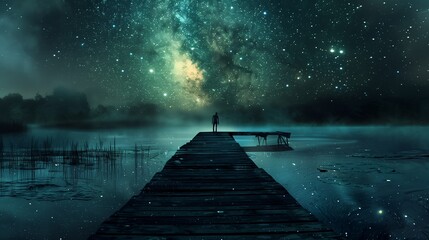 Illustration of a person standing on a wooden dock way path at riverside under a starry night sky.
