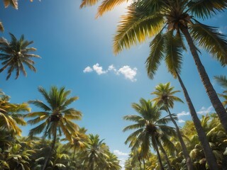 A bright, sunny tropical sky with palm trees standing tall against a vivid blue sky, their leaves catching the soft morning light
