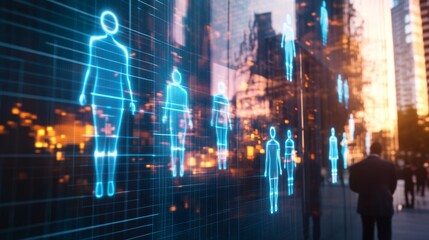 Obraz premium Double exposure of abstract virtual people icons hologram on modern business center exterior background online insurance service concept