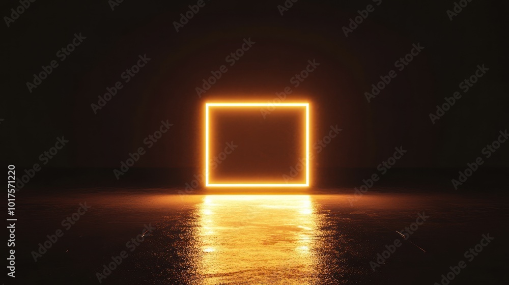 Poster a glowing rectangular frame illuminates a dark, reflective surface, creating a striking visual.